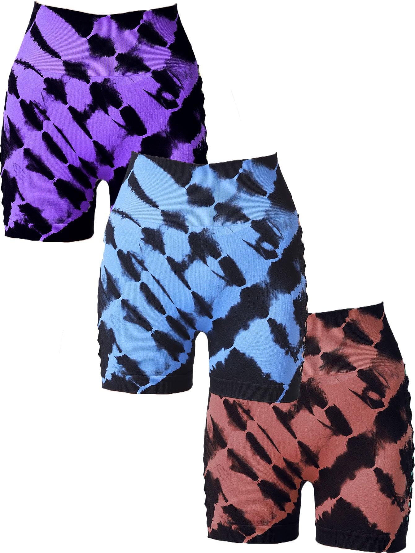 3-Pack Women's High Waist Seamless Tie-Dye Sports Shorts with Side Cut-Outs for Fitness and Yoga