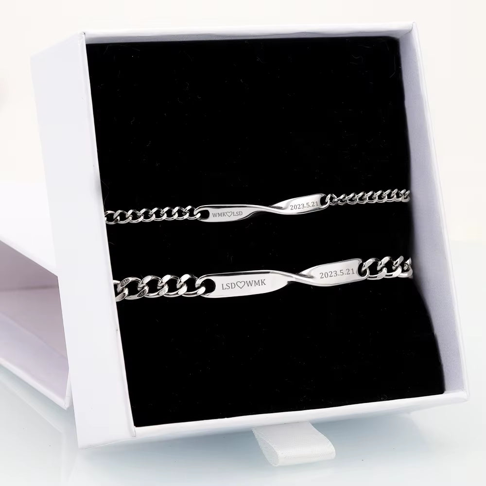 Personalized Titanium Steel Mobius Couple Bracelets - Custom Name & Date Engraved Jewelry Set for Him & Her