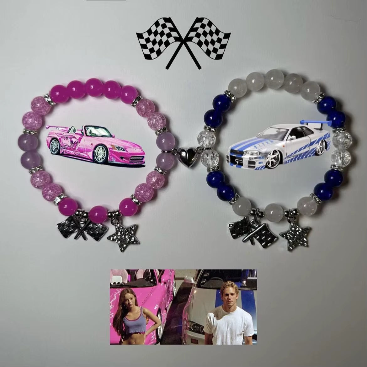 Fast & Furious Couples Bracelets Set - Cool Race Car Victory Banner BFF Beaded Jewelry