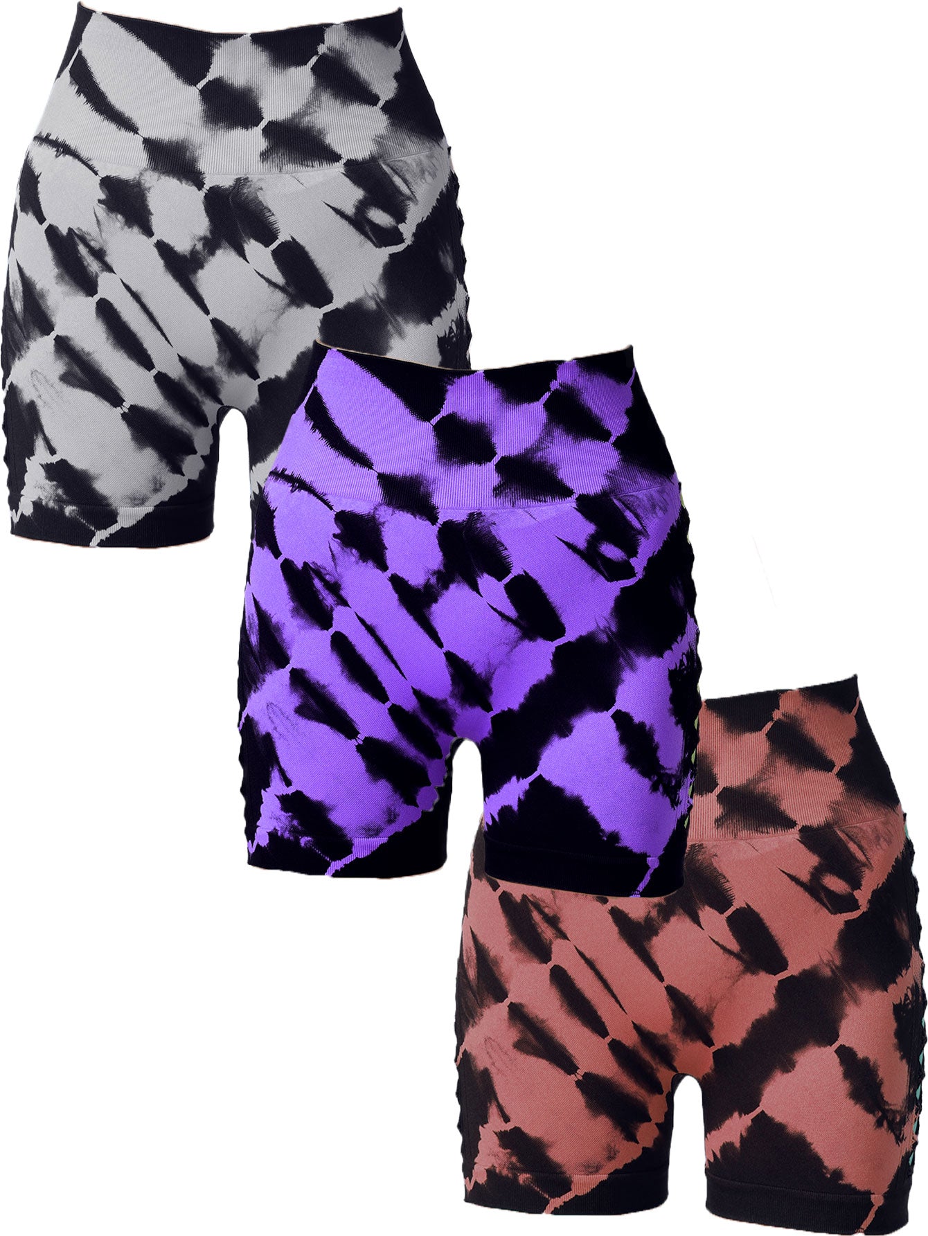 3-Pack Women's High Waist Seamless Tie-Dye Sports Shorts with Side Cut-Outs for Fitness and Yoga