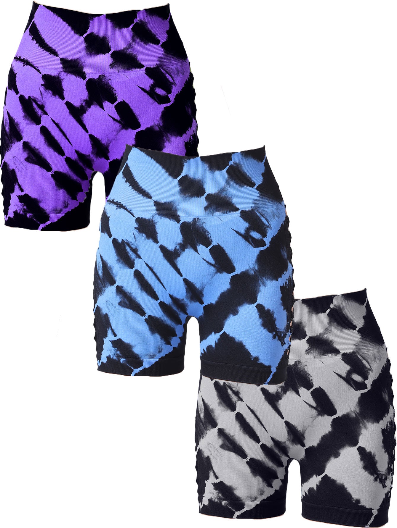 3-Pack Women's High Waist Seamless Tie-Dye Sports Shorts with Side Cut-Outs for Fitness and Yoga