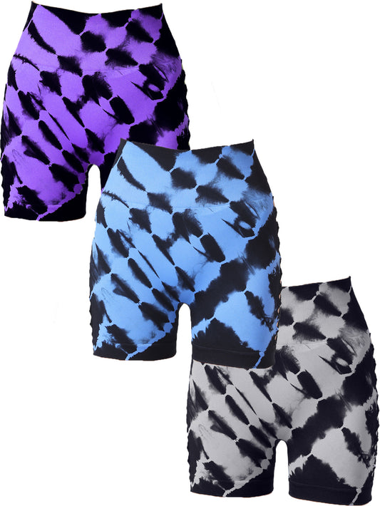 3-Pack Women's High Waist Seamless Tie-Dye Sports Shorts with Side Cut-Outs for Fitness and Yoga