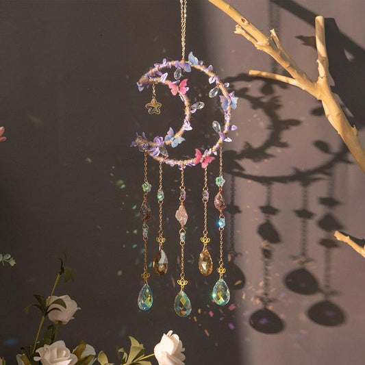 Hangable Room Decor Moon & Butterfly & Flower Design Dream Catcher, Artificial Crystal Hanging Decor, Home Deocr Sun Catcher for Garden Window Living Room Bedroom, Bedroom Decor, Serene Atmosphere Gifts for Girlfriend