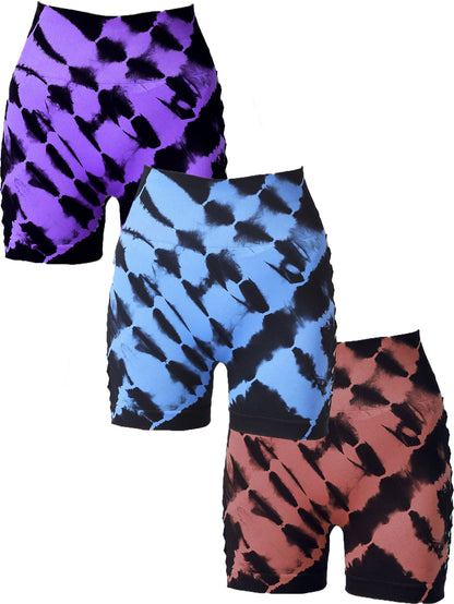 3-Pack Women's High Waist Seamless Tie-Dye Sports Shorts with Side Cut-Outs for Fitness and Yoga