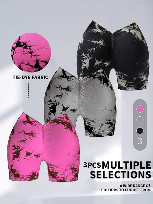 3 PACK Tie Dye Active Wear Shorts, c High Waisted Contour Gym Yoga Biker Shorts, V Back Booty Biker Workout Gym Running Shorts