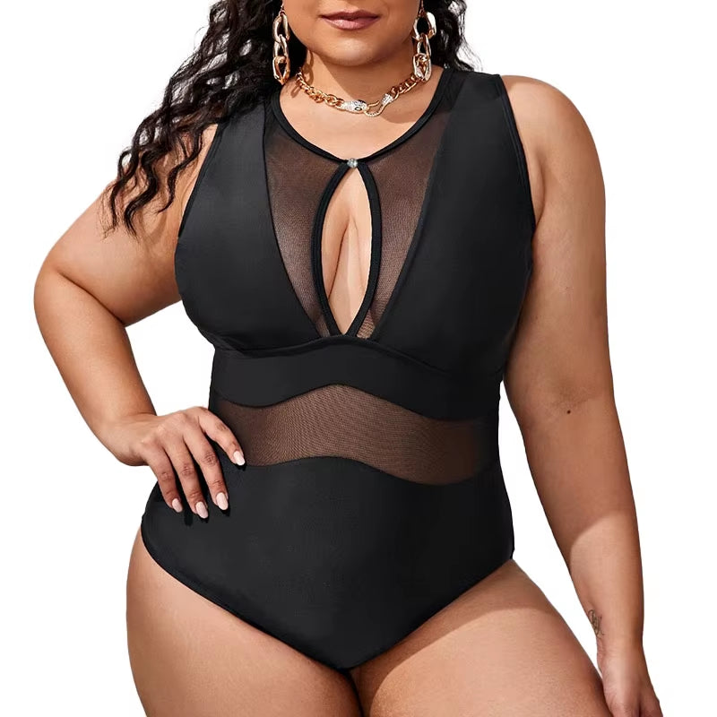 2025 Mesh Black Swimsuit One Piece Large plus Size Swimwear Women One-Piece Suits Beachwear Bathing Swimming Suit Female 4XL