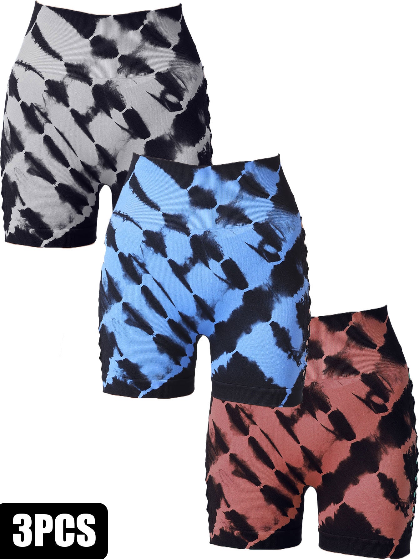 3-Pack Women's High Waist Seamless Tie-Dye Sports Shorts with Side Cut-Outs for Fitness and Yoga