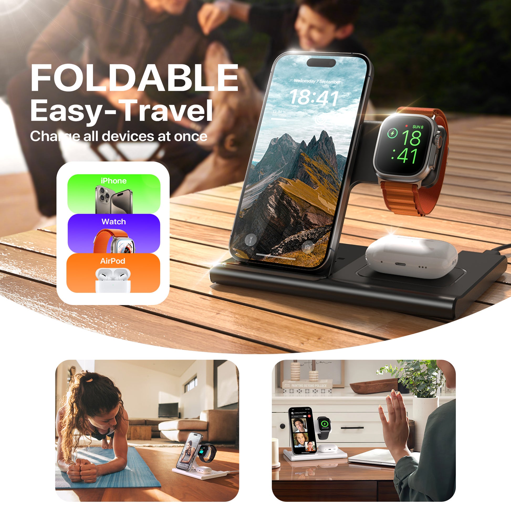 3 in 1 Wireless Charging Sation for Multiple Devices 15W Fast Charging Stand