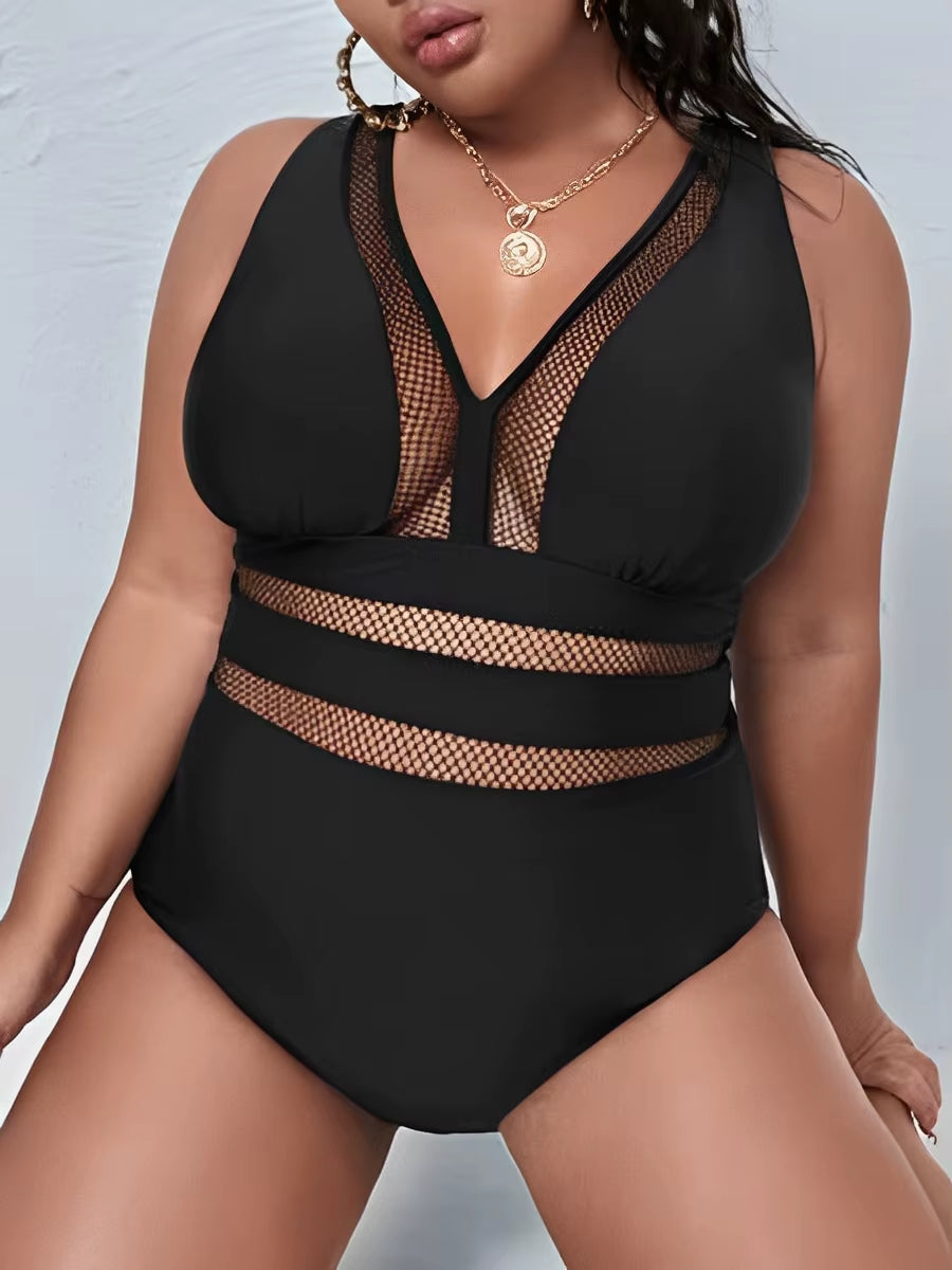 2025 Mesh Black Swimsuit One Piece Large plus Size Swimwear Women One-Piece Suits Beachwear Bathing Swimming Suit Female 4XL